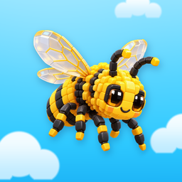 The Stackabees bee mascot: a smiling voxel honeybee flying in a blue sky