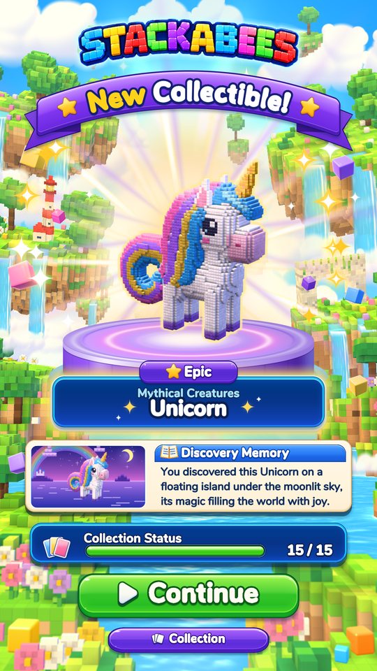 The New Collectible screen revealing the Unicorn, an Epic collectible, with its Discovery Memory.